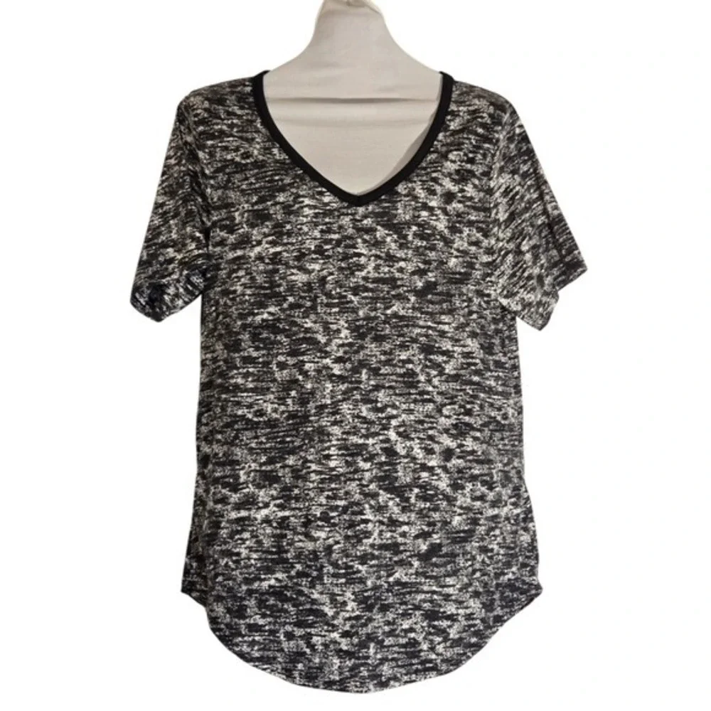 Womens Space Dye V-Neck T-Shirt Black White Marled Short Sleeve Knit Top‎